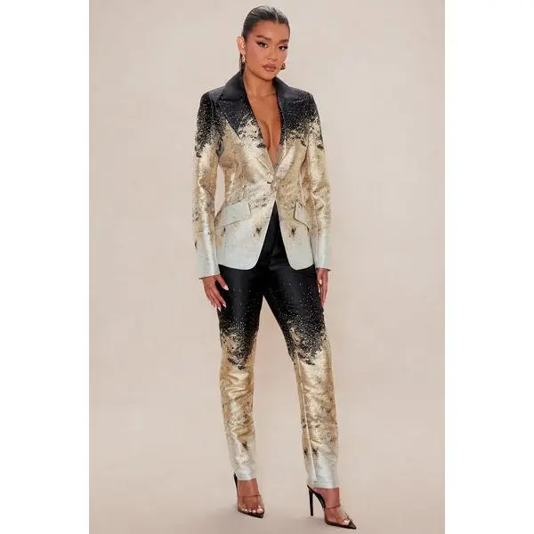 Esparza Metallic Blazer Pant Set - Gold/combo