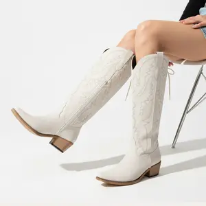 Women's Knee High Cowboy Cowgirl Boots with Flame-Shaped Embroidery Snip Toe Adjustable Back Tie Side Zipper Chunky Heel Design Women's Shoes #TikTokShopBlackFriday #TikTokShopCyberMonday