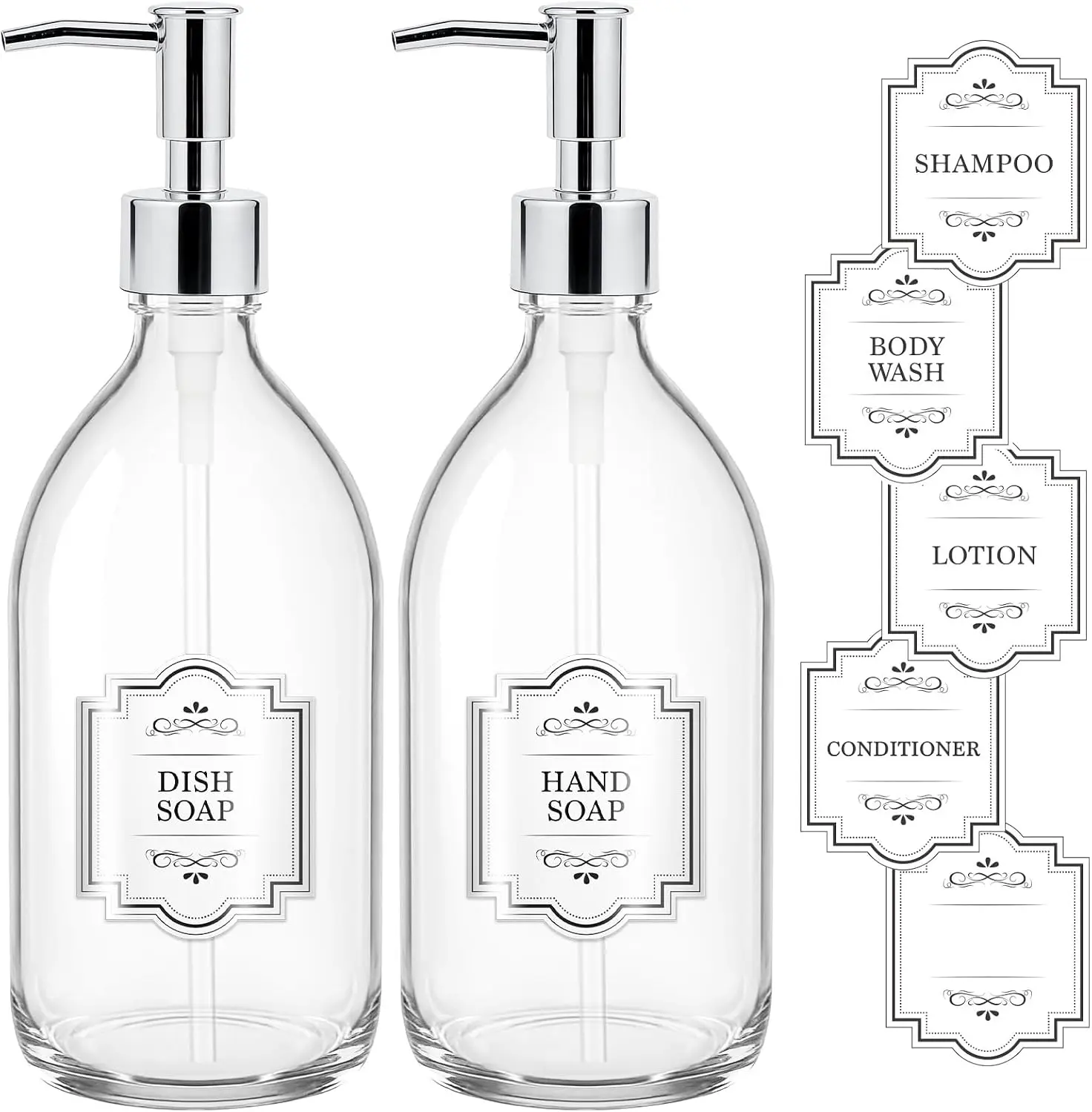 16 oz Clear Glass Soap Dispenser with Plastic Silver Pump, Glass Pump Bottle for Lotion Body Oil, 500ml Hand and Dish Soap Dispensers for Bathroom Kitchen - 2 Pack