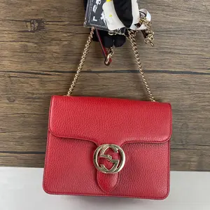 Pre-owned GUCCI Red Leather Interlocking GG Flap Bag, Gold Chain, Authenticated.qg1918