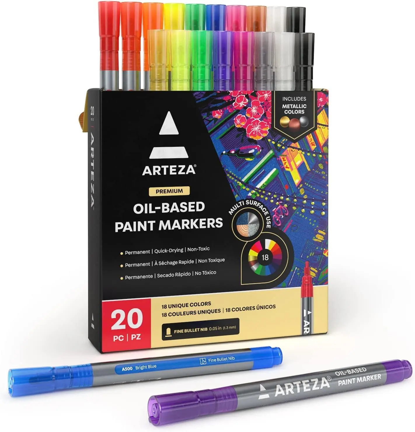ARTEZA Oil Based Paint Markers, 20-Pack, 18 Unique Colors, 1.3 Mm Line, Small Barrel, Permanent Pens, Art Supplies for Stone, Wood, Glass, Canvas