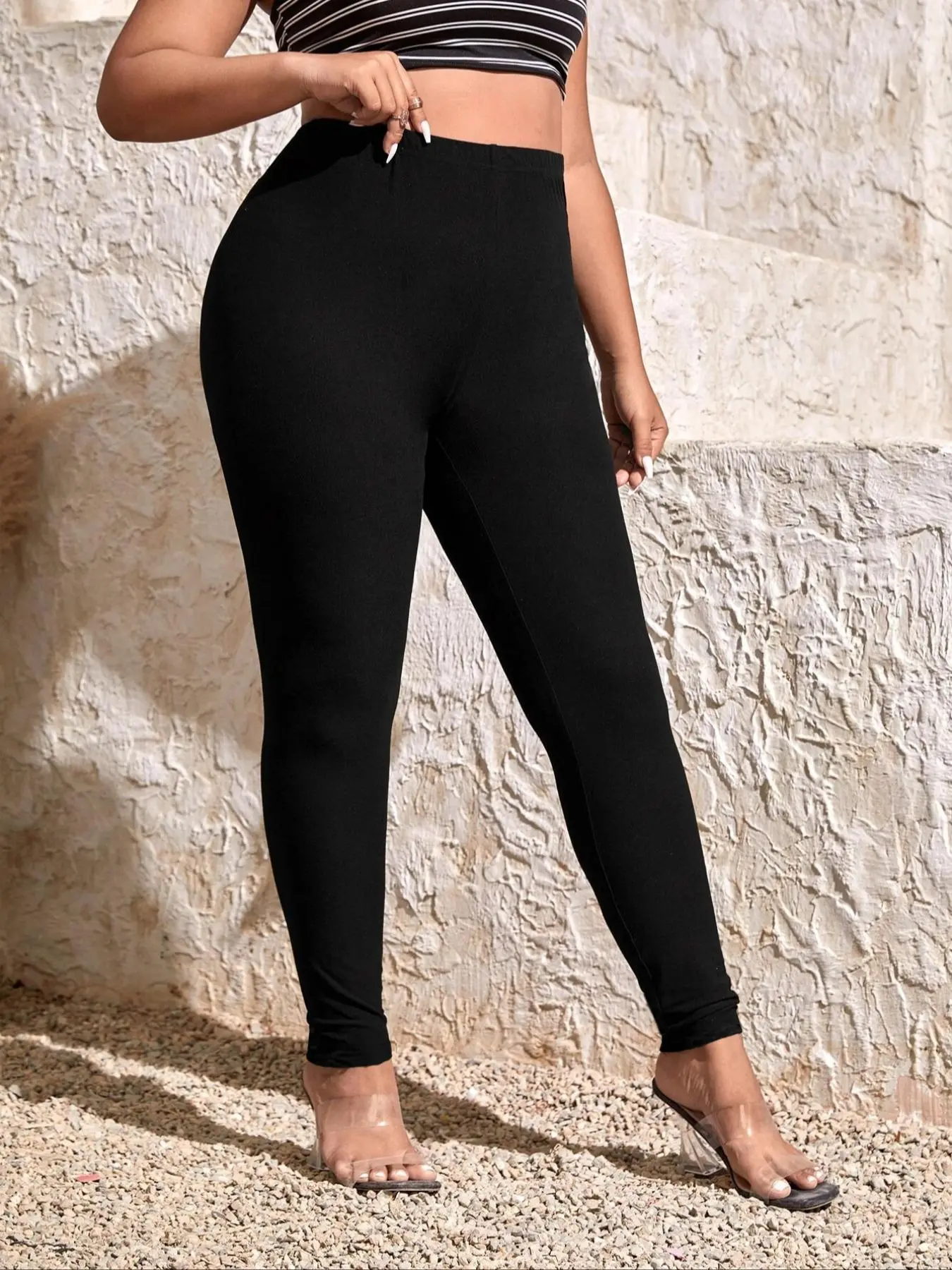 【Plus Size】 Solid High Waist Casual Elastic Waisted Stretchy Pants, Casual Comfy Tummy Control Casual Fitted Trousers for Daily Wear, Women's Bottoms for Summer, Casual Fashion Pants