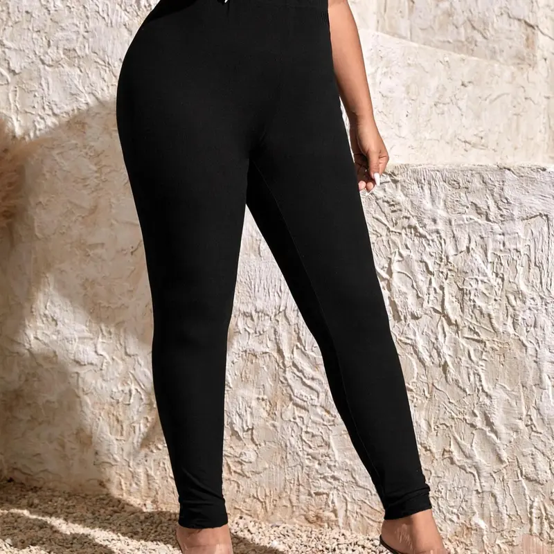 【Plus Size】 Solid High Waist Stretchy Pants, Casual Comfy Tummy Control Trousers for Daily Wear, Women's Bottoms for Summer, Casual Fashion Bottoms