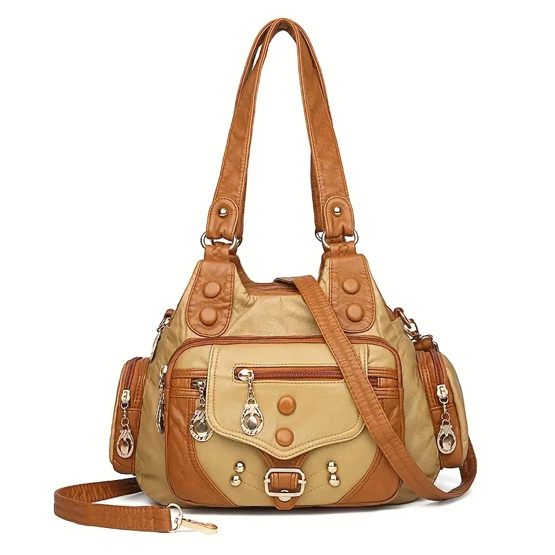 Women's Vintage Beige Crossbody Hobo Bag - Classic Zippered Embellished Rivet Decor Casual Fashionable Handbag, Beige Shoulder Bag, Embellished Shoulder Bag