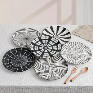 8 PCS Black and White Striped Ceramic Plates Perfect for salad, appetizers and pasta. Ideal Halloween kitchen decor and essentials. Microwave and dishwasher safe.