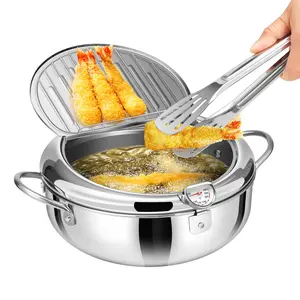 VIVOHOME 304 Stainless Steel Deep Fryer Pot with Tong, Tempura Fryer Pan with Thermometer for Chicken, Fish, French Fries, Shrimp