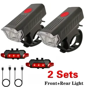 2 Sets USB-Rechargeable LED Bicycle Headlight and Rear Lamp - Essential Bike Accessories for Cycling