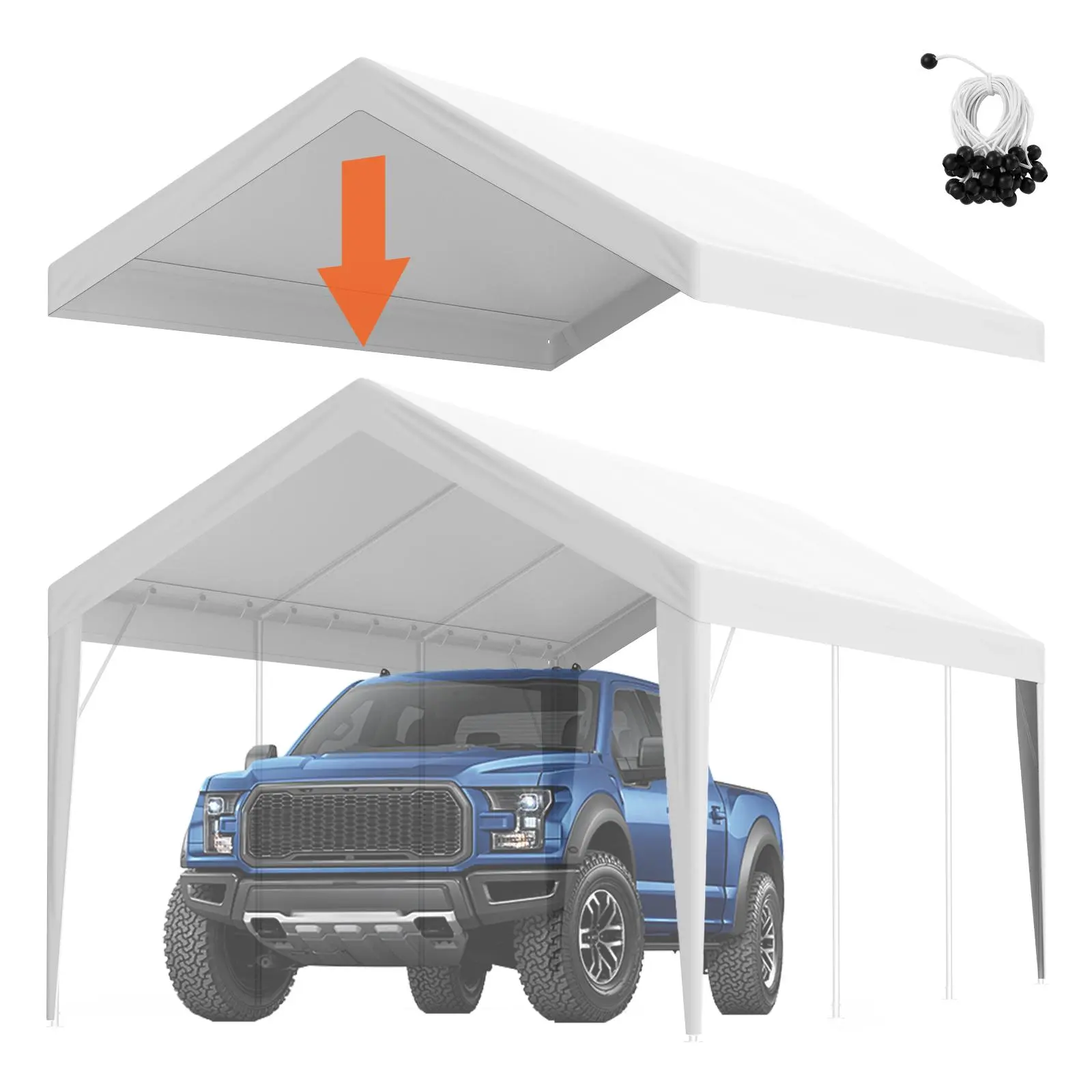【Summerfinds】VEVOR Carport Replacement Canopy Cover 10 x 20 ft, Garage Top Tent Shelter Tarp Heavy-Duty Waterproof & UV Protected, Easy Installation with Ball Bungees,White (Only Top Cover, Frame Not Include)