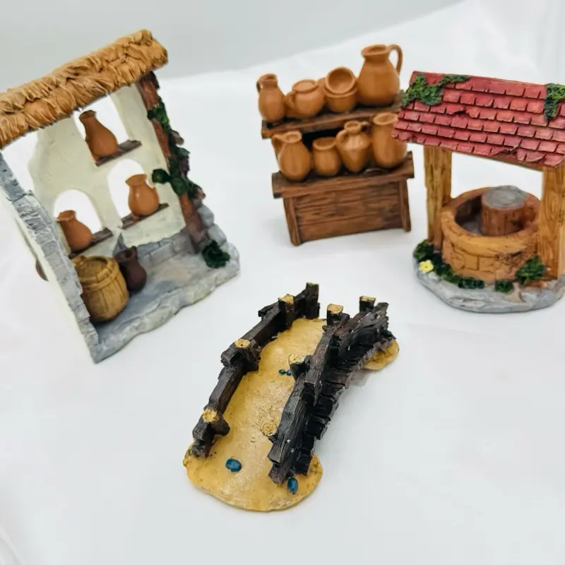 6 in Durable 4-Piece Painted Wood Resin Nativity Village Set - Includes Water Well, Bridge, Elegant Religious Christmas Indoor Office Home Decor Statue, Ideal Gift, None