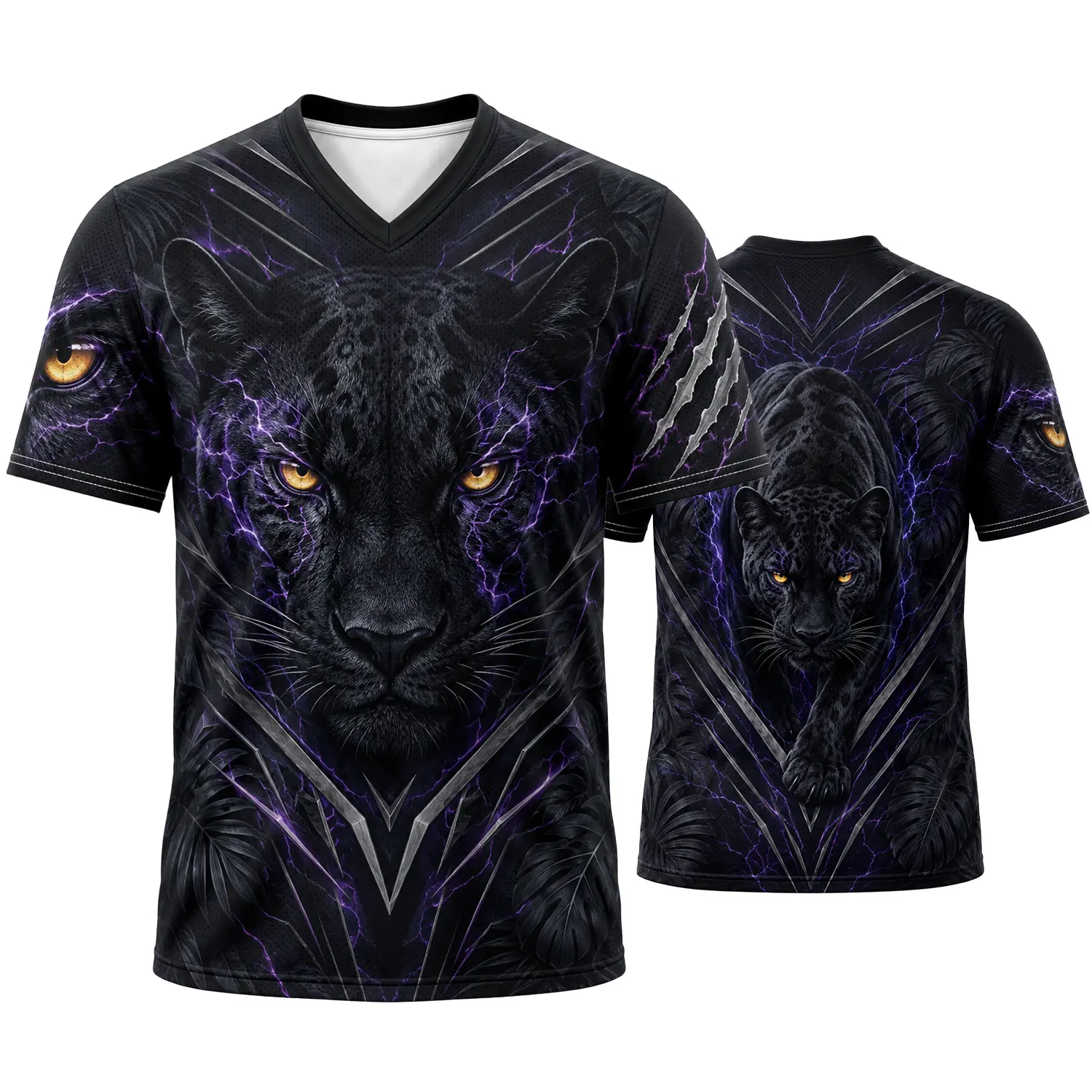 Midnight Panther V-Neck Athletic Shirt for Men Women, Black Purple Lightning Wild Cat Graphic Sports Tee, Golden Eye Jungle Print Game Day Top, Size S-5XL