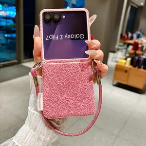 Lace texture solid color phone case, optional long and short chain, suitable for Samsung Galaxy Z Flip 5/6/7FE/7, light oxygen high-end feel, fashionable protective case, unique design suitable for daily use, protective shell