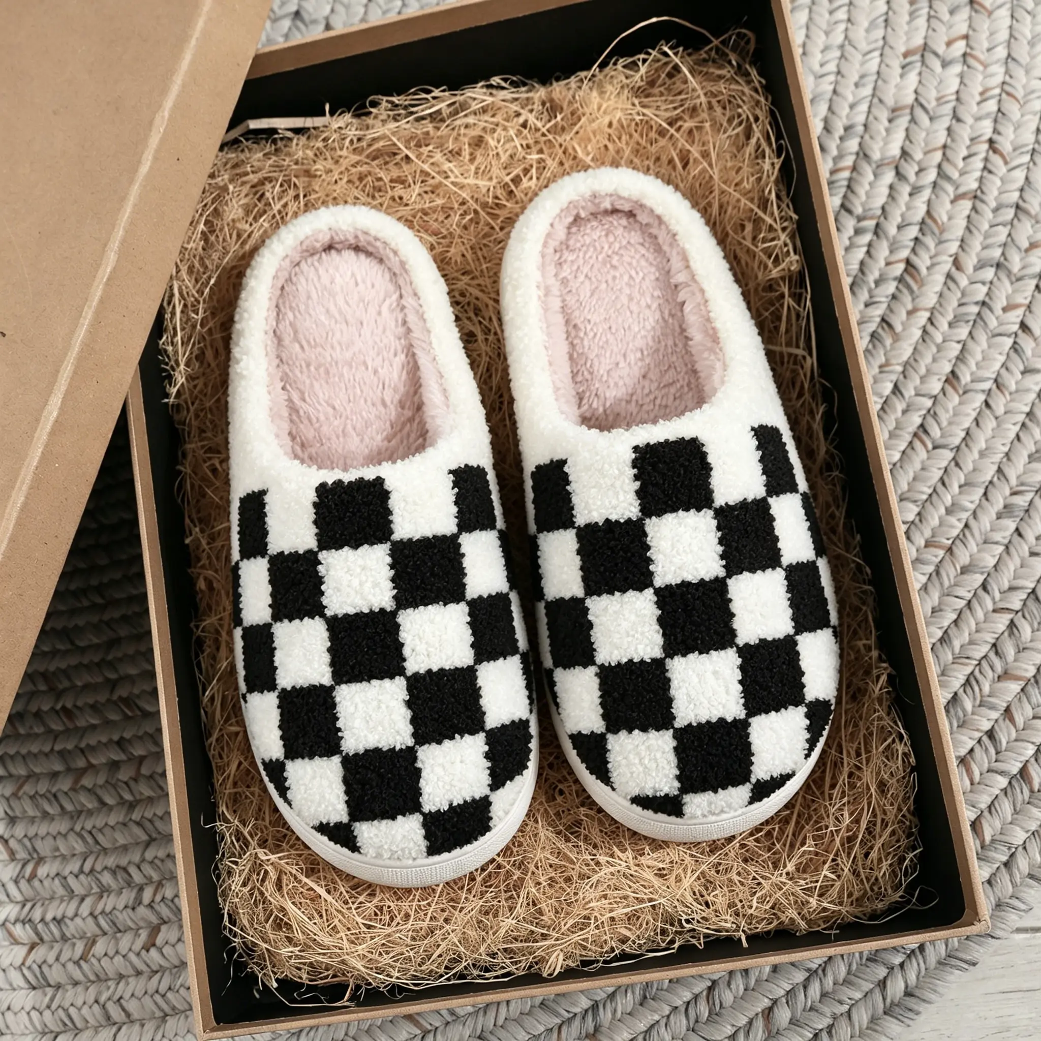 Unisex Checkered House Slippers - Cute House Slippers, Warm Plush-Lined Slip-On Home Footwear, Memory Foam Insole, Non-Slip Sole, Ideal Gift For Him