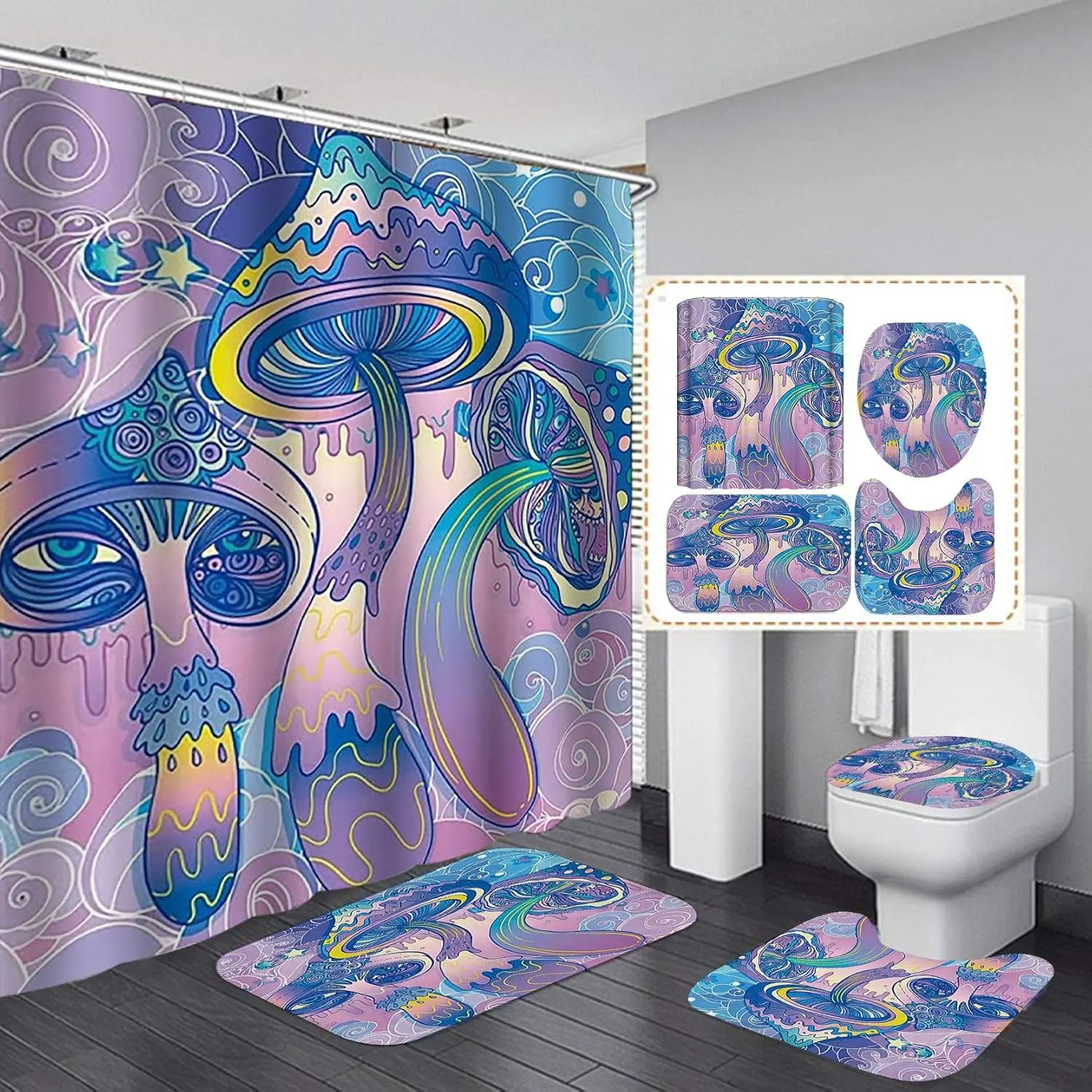 4PCS Retro Trippy Mushroom Shower Curtain Set, Polyester Waterproof Fabric, Tie-Dye Rainbow Hippie Psychedelic Bathroom Decor, Non-Slip Bath Mat, Toilet Rug
