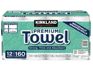 Kirkland Signature Premium Towel 2-Ply 160 Sheets 12 Rolls Strong Thick Absorbent Create-A-Size Sustainable Forestry Initiative Certified Cleaning Environmentally Conscious Choice