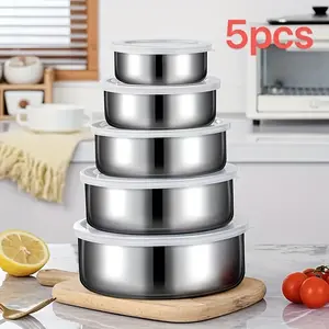 Stainless Steel Food Storage Container with Lid, 5pcs/set Stackable Leak-proof Kitchen Organizer, Durable Dishwasher-safe Round Container