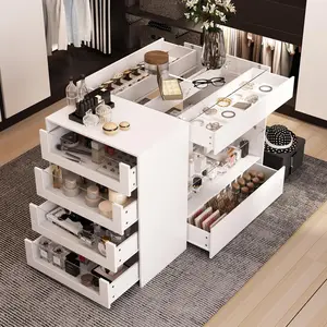 FUFU&GAGA Modern Glass Display Cabinet Island with 2 Drawers & 4 Side Drawers for Makeup Storage, Walk-in Closet Organizer, Living Room Furniture