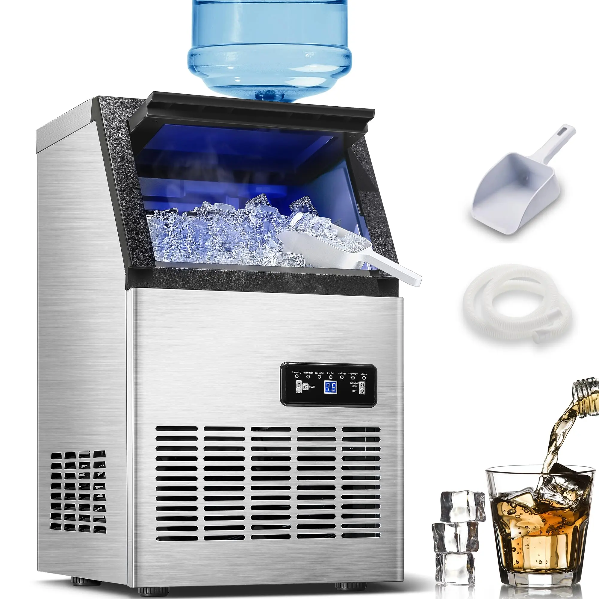Commercial Stainless Steel Freestanding Ice Cubes Maker Machine, 110 lbs/24H Production, 28 lbs Storage, 2 Water Inlet Modes (5 gal Bucket/Tap Water Supply), Household Large Home Appliance Kitchen Utensil