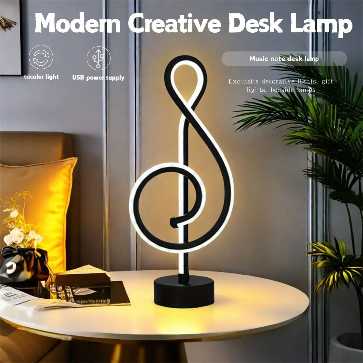 Unique Note LED Table Lamp, Three-Color Adjustable Lighting, USB Powered with Button Control, Perfect for Home Office Decor, Adjustable Desk Light