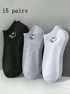 15 Pairs Men's Breathable Casual Socks, Sock Set, Classic Short Plain Smile Design, All-Season Knitted Style , Cartoon Pattern, Breathable Fabric Socks