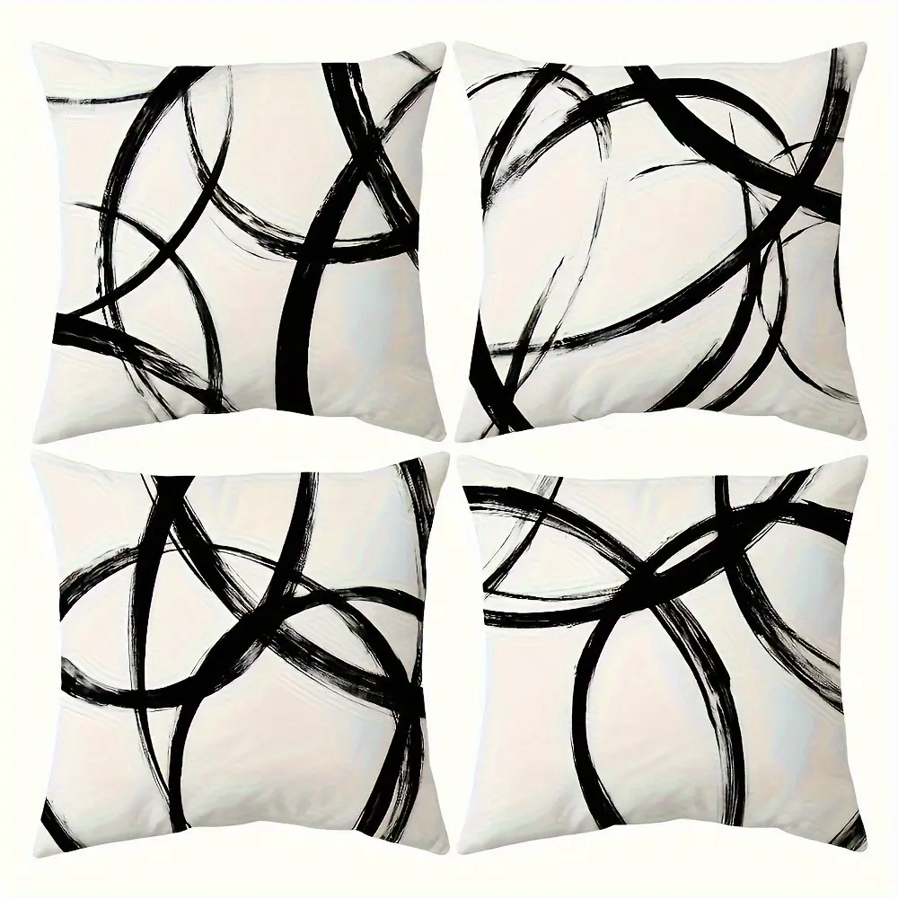 4pcs-Modern Abstract Geometric Line Art Pillow Covers - Black & White Print Cushion Covers for Sofa, Bed, Living Room, Office & Outdoor Decor, Pillow Covers for Living Room, Sofa, Single-sided Printing Without Pillow Core