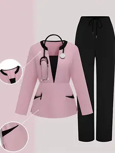 Women's Nursing Uniform Set Long Sleeve Nurse Top Pants Health Workwear Medical Uniform Scrub Comfortable Fit Color Block Design Nursing Scrub Uniforms