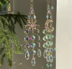 2pcs Star & Moon Crystal Suncatcher Set, AB Coated Rainbow Maker Prisms, Hanging Bohemian Window Decor with Gem Accents, Home & Garden Spiritual Ornaments