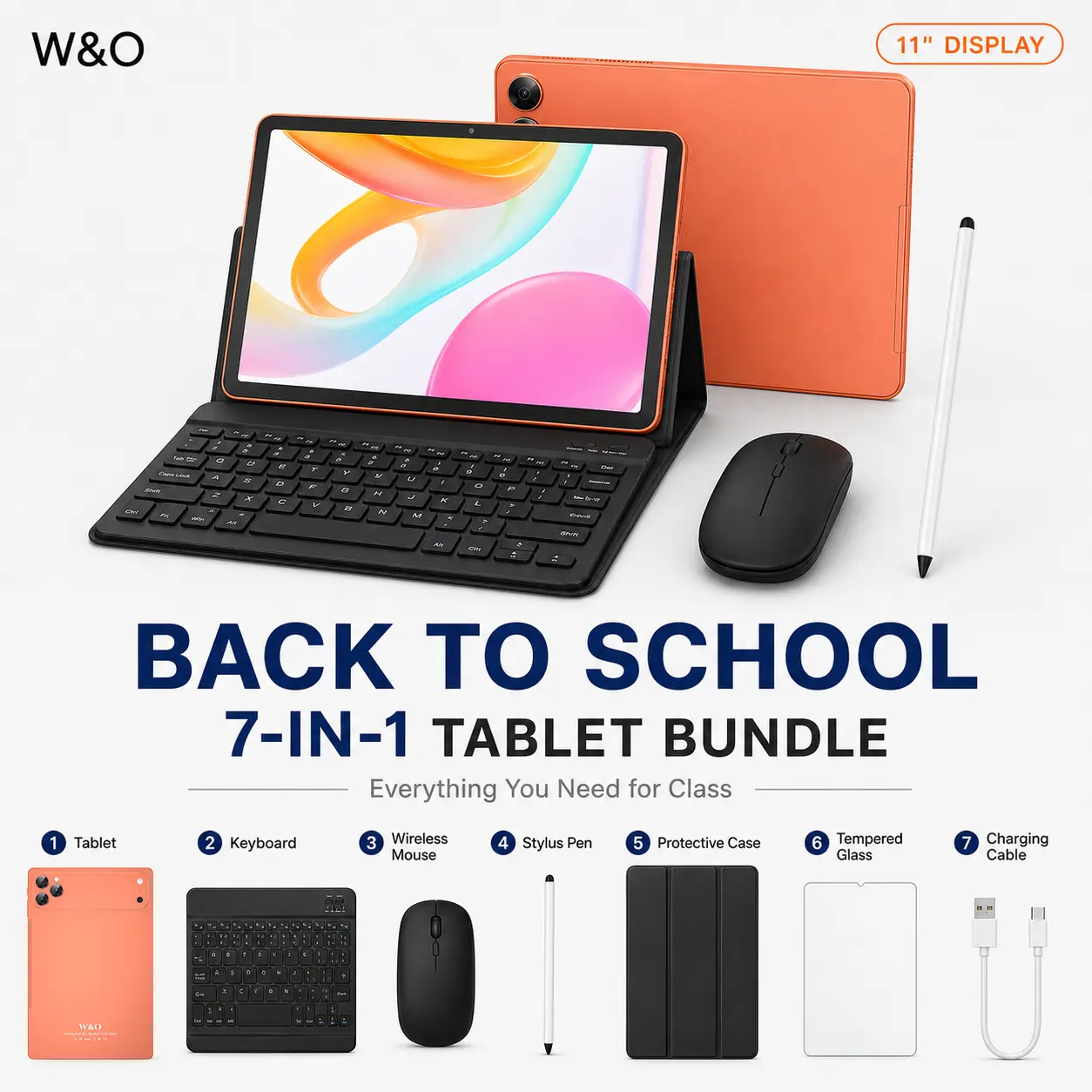 【Back to School】11" Android Tablet Back to School Bundle with Keyboard, Mouse, Stylus & Case, Large HD Touchscreen, Dual Camera, Portable Tablet for Students, Online Classes, Study, Campus Life & Entertainment