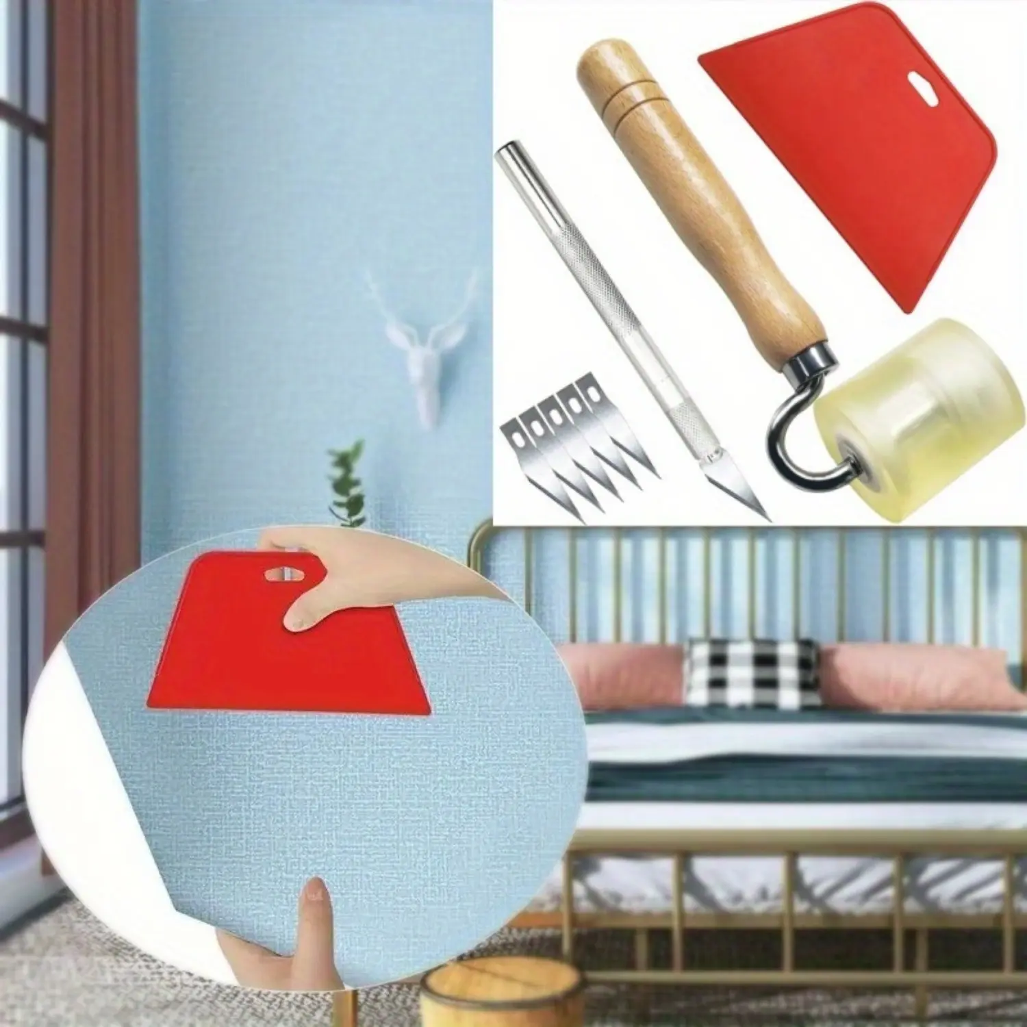 Wallpaper Smoothing Tool Kit Includes Seam Roller, Medium-Hardness Squeegee,Vinyl Cutter And Craft Knife with 5 Replacement Blades for Adhesive, Contact Paper Application Tool blade scraper  razor