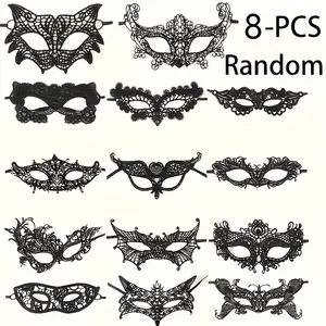 8-Piece Lace Mask Set, Venetian Eye Masks for Photoshoots, Women's Costume Accessories, Solid Color, Perfect for Parties, Party Face Masks