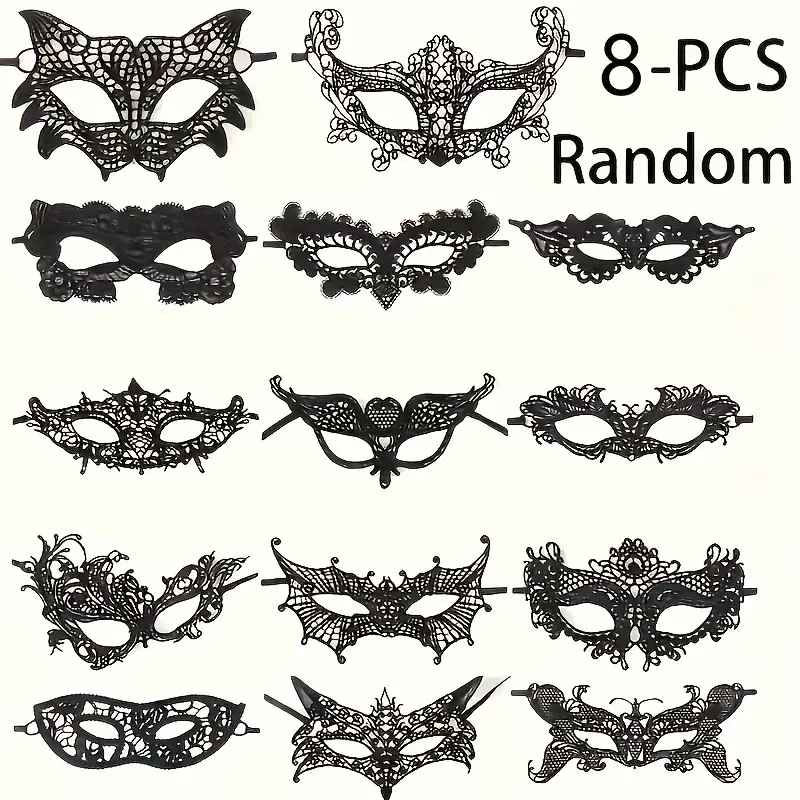 8-Piece Lace Mask Set, Venetian Eye Masks, Masquerade Masks for Photoshoots, Women's Costume Accessories, Solid Color, Perfect for Parties, Party Face Masks, Party Props