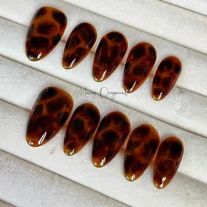 Classic Tortoise Shell Amber Water Blooming Press on Nails, Jelly hand painted nail, fall winter nail