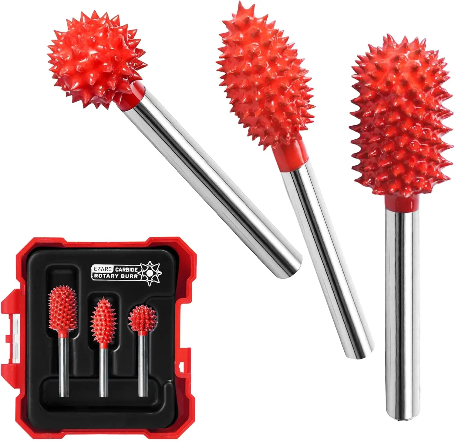 EZARC 3-Piece Tungsten Carbide Rotary Burr Set - 1/8" Shank Bits with Carbide Teeth, Rubber-Grip Accessory, SB/SD Compatible Craftsman Power Tool, Storage Case, Torch-Clean Ready for Wood Carving/Detailed Work, Father’s Day Gift