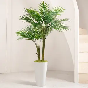 Artificial Palm Tree 5FT -  Fake Plants with White Tall Planter, Faux Tropical Golden Cane Palm Tree with Two Trunks and 18 Realistic Palm Leaves, Indoor Floor Plants for Home Office Decor Decorative Fruit Ornaments