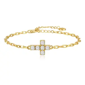 Cicy Bell Women's 18k Gold Plated Cross Bracelet Cubic Zirconia Cable Chain Dainty Link Bracelet Faith Jewelry Christian Baptism Religious Gifts