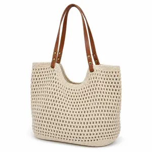 Crochet Tote Bag for Women, Hollow Out Knitted Mesh Shoulder Bag with Faux Leather Handles, Summer Beach Bag, Boho Woven Purse for Travel, Vacation, Shopping & Daily Use