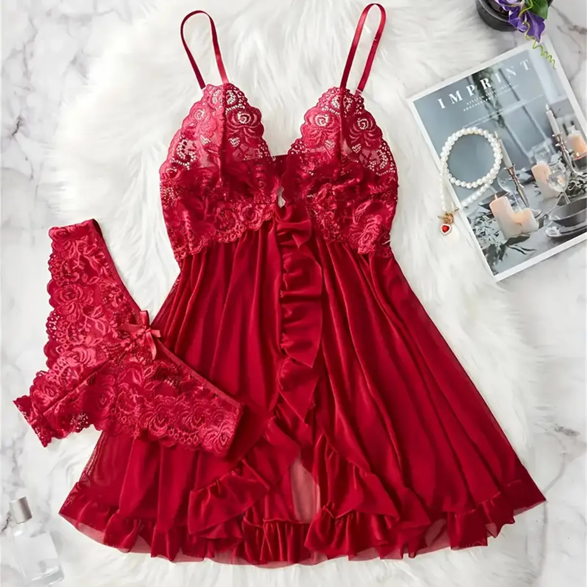 AESKEIA Women's Deep V-Neck Lace Nightdress With Panties Sets Sexy Lingerie Set Lightweight Flared Babydoll