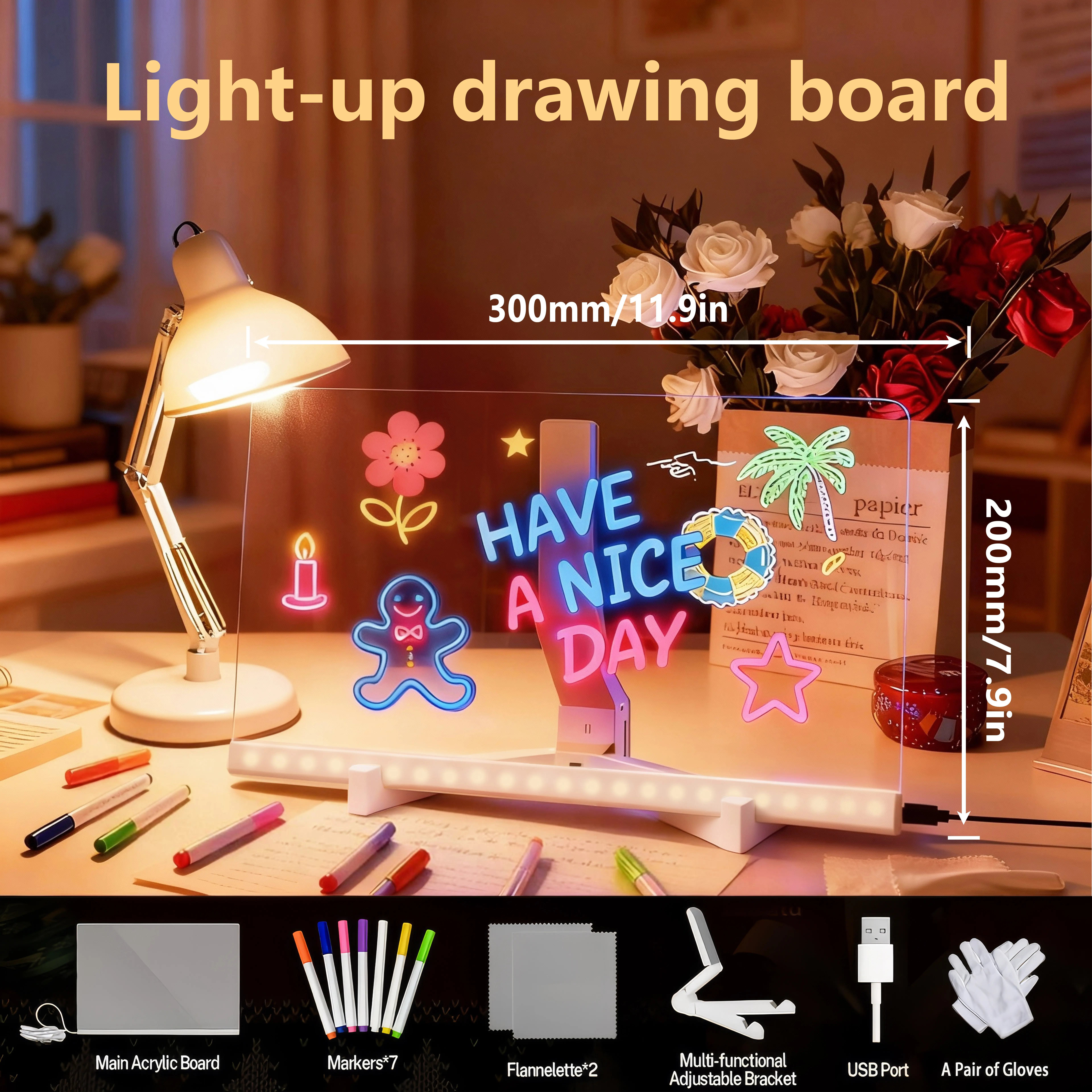 Snofrid LED Message Board - Acrylic Dry Erase Led Light Backlit Board with Stand, Markers, Cleaning Cloths, Tracing Paper, Erasable Reusable Neon Lights, Great for School Home Office, Kids Learning Festive Decor Gift, Led Neon Lights