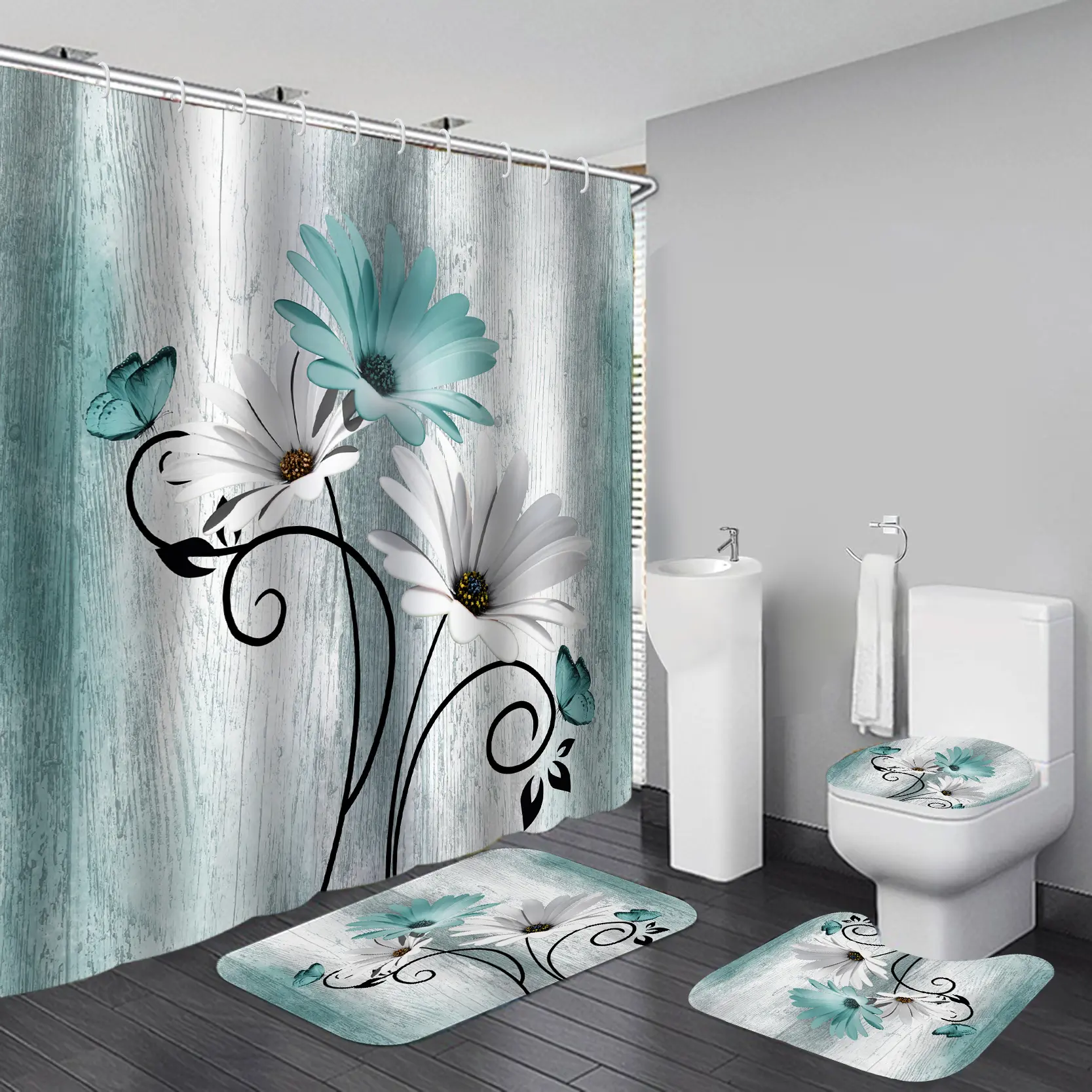 Teal Daisy Shower Curtain Set, Rustic Wood Print Shower Curtain with Rugs, Toilet Lid Cover, Farmhouse Floral Bathroom Decor
