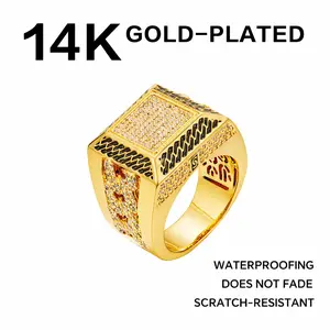 14K Gold Plated Cuban Link Ring, Iced Out CZ Simulated Diamond Statement Ring, Hypoallergenic Square Top Geometric Cut Stackable Eternity Band, Party Wear Jewelry for Men, Sizes 7-12