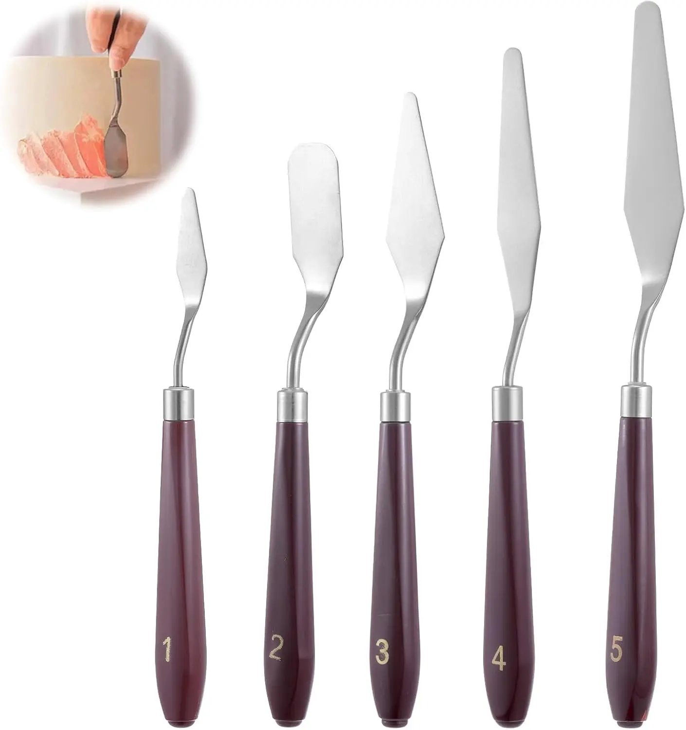 Buttercream Birthday Cake Spatulas - 5-Piece Sturdy Stainless Steel Bakeware Set, Dark Red Wooden Handles, 16.5cm-21cm Sizes, Easy to Clean for Baking Pastry Decorating Tools