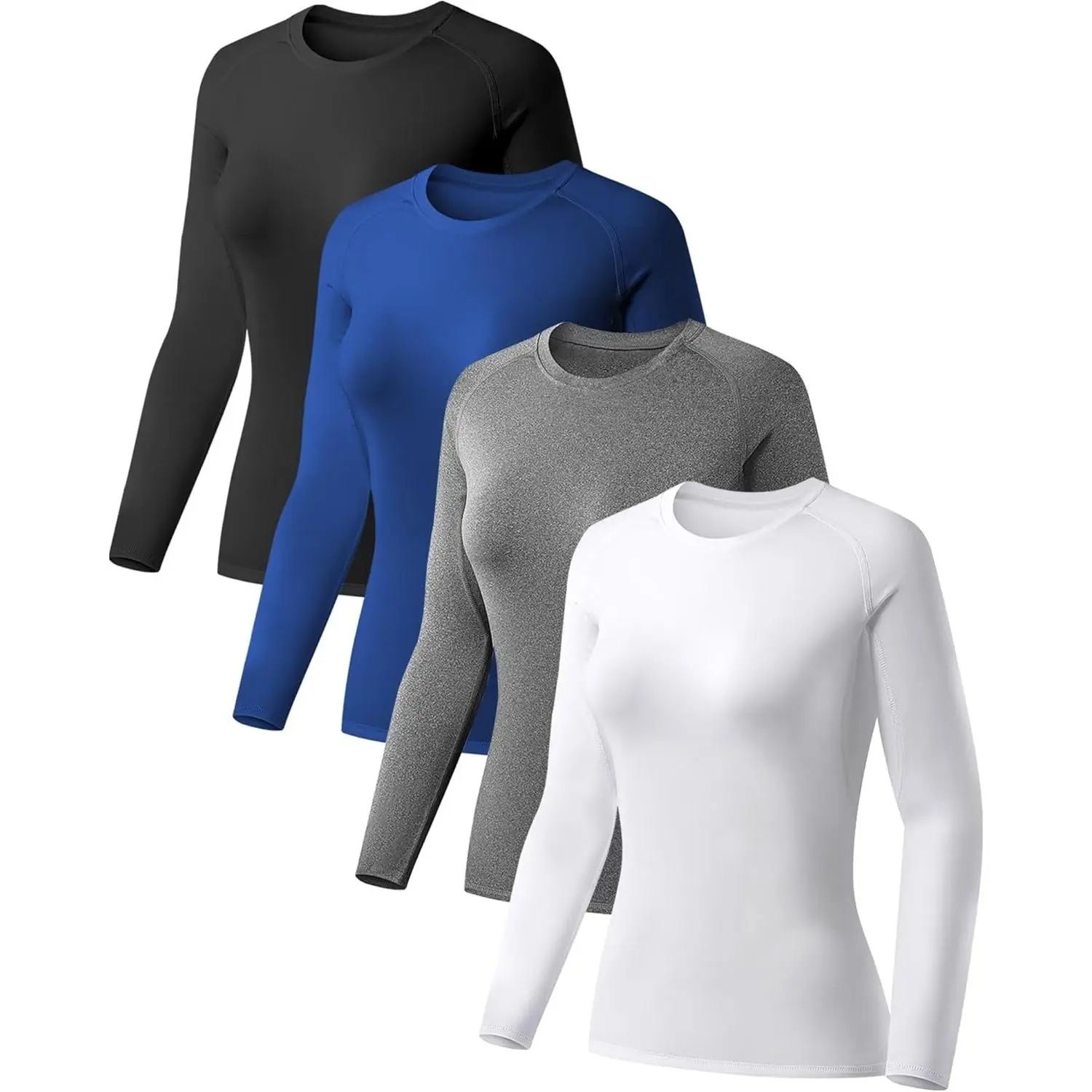 Women's 4-Pack Long Sleeve Compression Shirts, Female Performance Workout Baselayer Athletic Gear
