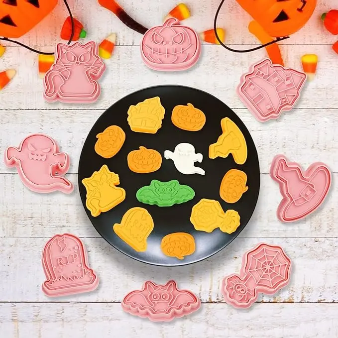 8 Pcs Halloween Cookie Cutters Set, 3D Pumpkin, Spooky Cat, Spider, Bat, Witch Hat, Ghost, Tombstone, Horror Castle Cookie Cutters for Party Baking Decoration