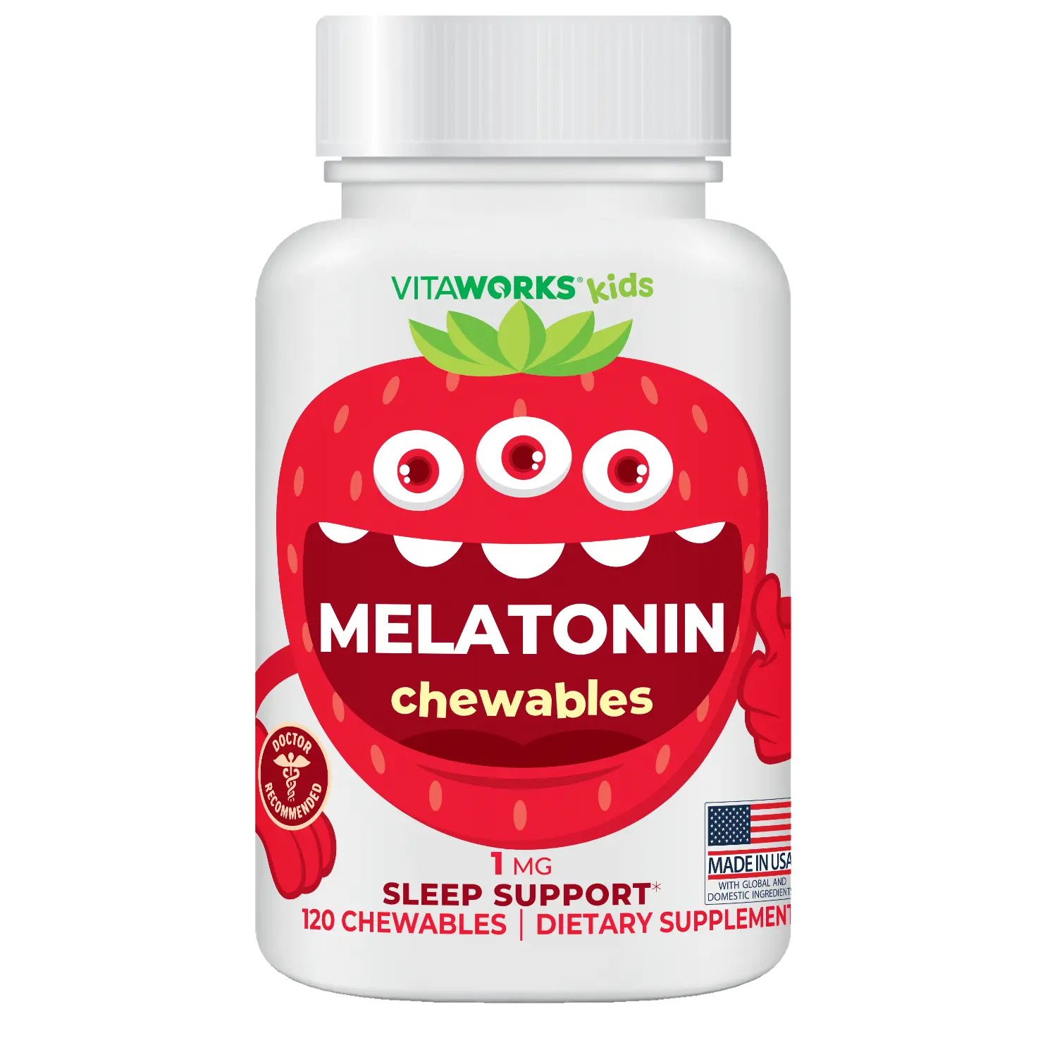 VitaWorks Kids' Edible Dietary Supplement - Natural Mixed Berry Flavored Melatonin Chewable Sleep Aid with 1mg Melatonin, L-Theanine, 120 Count, Dairy Free for Falling Asleep