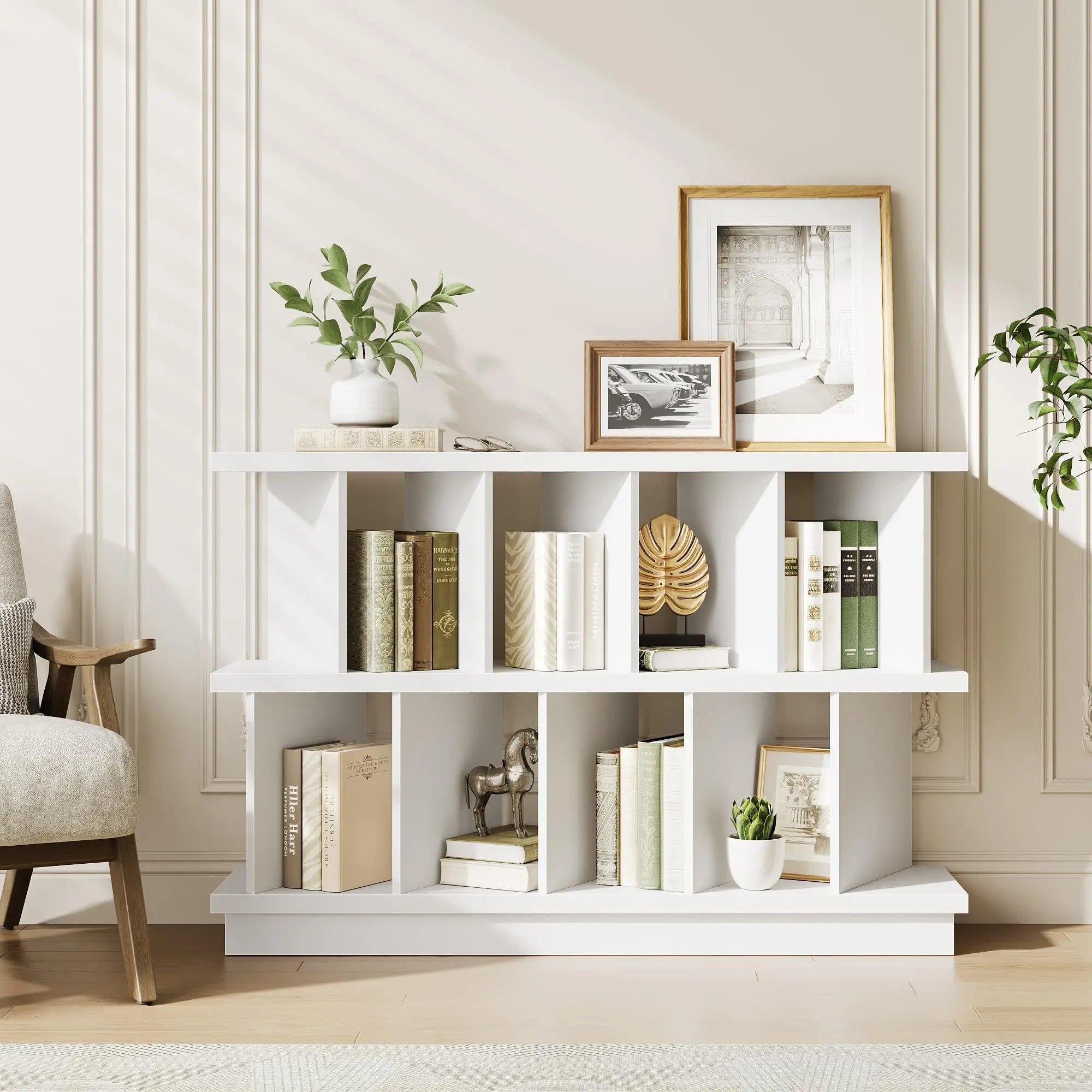 White 8-Cube Low Wooden Bookshelf - Removable Back Panels, Easy Assembly, 47.24in L x 11.61in W x 31.50in H, Contemporary Modern Design Style, Books Storage, Entrance Hall TV Stand, Shoe Cabinet for Living Room, Bedroom (Assembly Required), Collectibles,