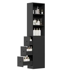 Tall Narrow Free Standing Bathroom Storage Cabinet with 3-Level Adjustable Shelves Home - Space Saver for Living Room Kitchen - Classic Black IF122