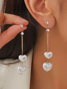 Elegant Long Dangle High Quality Earrings Set, Pearl Heart Peach Design, Versatile Jewelry for Women, Perfect Gift Idea, Trendy Accessory