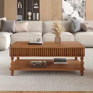 Bellemave 47.24" Vintage Brown Lift-Top Coffee Table - Fluted Detail, Solid Wood Roman Legs, Tool-Free Assembly for Modern Living Rooms