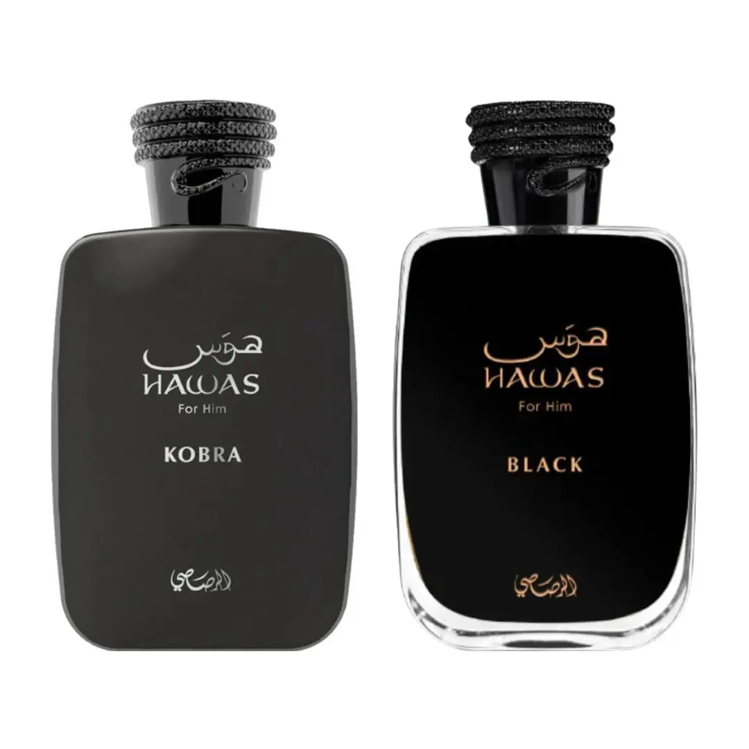 Rasasi Hawas Kobra & Hawas Black 2-Piece Bundle Set, Men's Fragrance with Bright Bergamot Top Notes & Cedarwood Amber Accents, Arab Perfumes, Luxurious Men's Fragrance