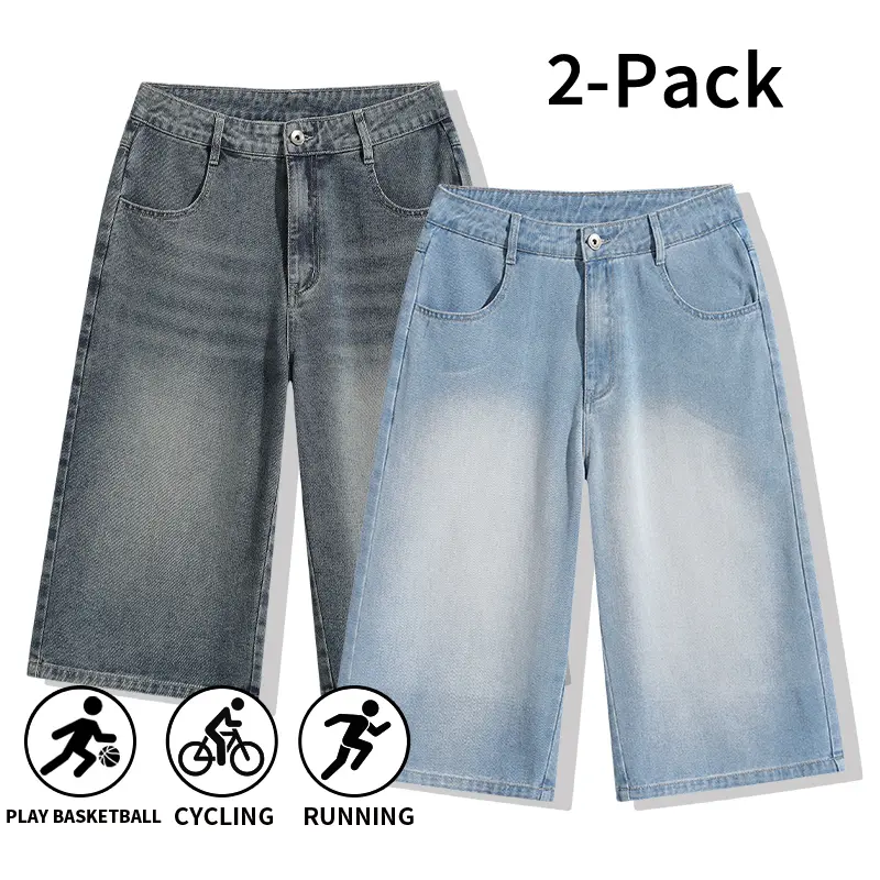 2-Pack Men’s Vintage Washed Cropped Denim Shorts | Baggy Wide-Leg 7/8 Jorts, Casual Summer Basketball Cycling Shorts