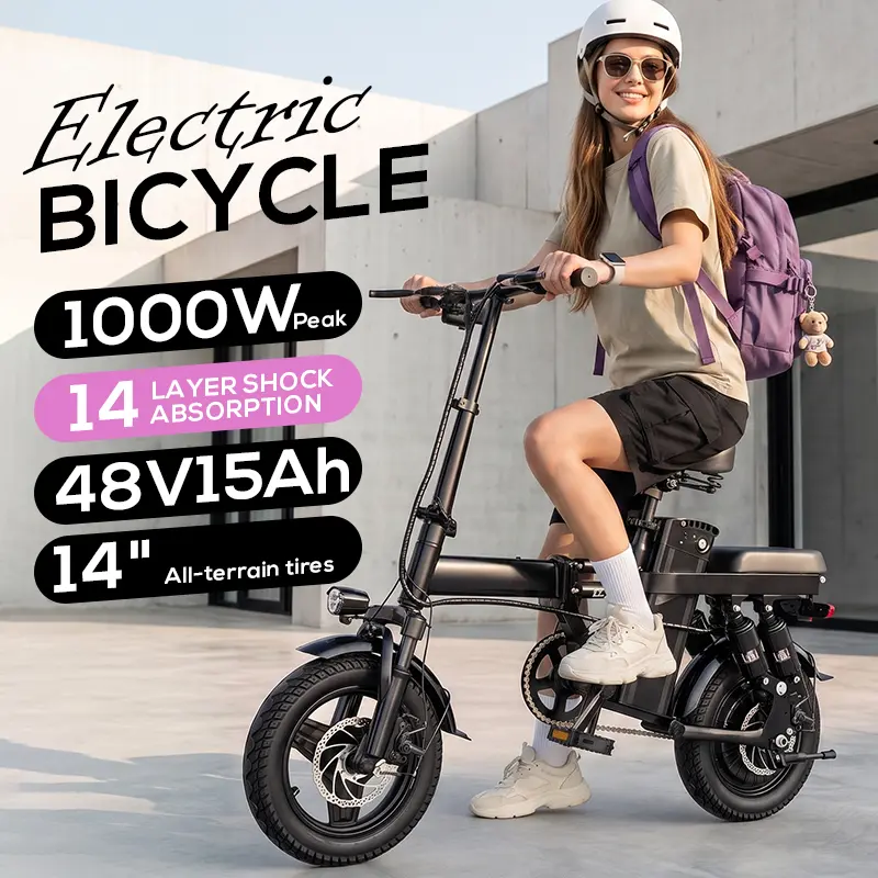 Folding E Bike, 1000W Peak Power Electric Bike, 14‑Level Suspension, All‑Terrain Fat Tires, 22‑40 Miles Range, Dual Disc Brakes, Foldable Ebike for City Commuting Off‑Road & Camping  ebike  e bikes  dirt bikes